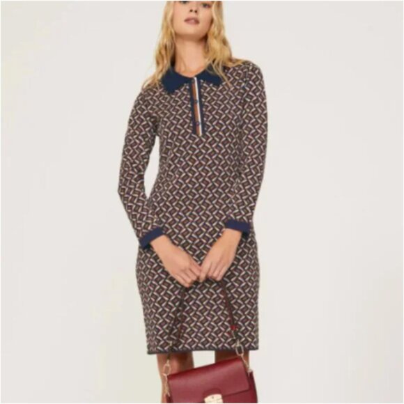 DVF Diane Von Furstenberg Mini Dress Milena Zig Zag Camel Knit Office Small NEW - Picture 1 of 15